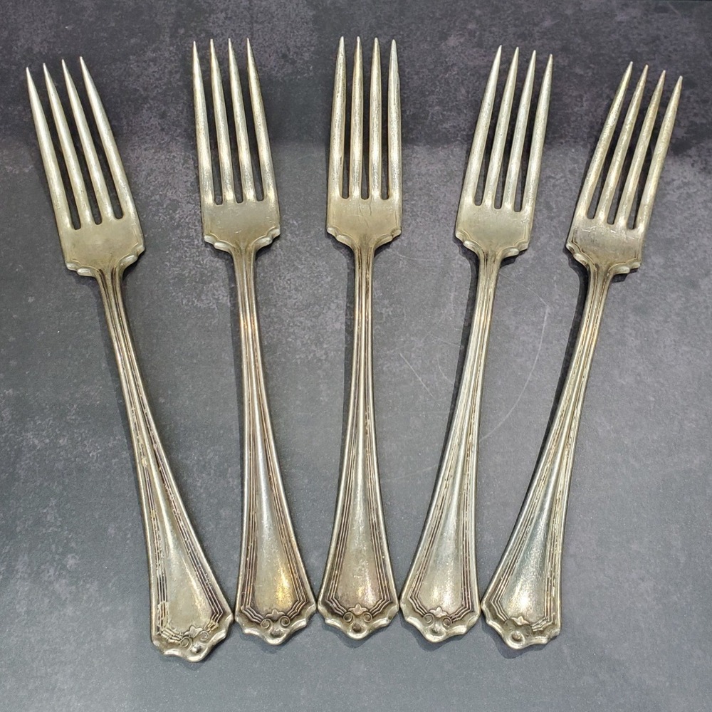 Set of 5 Vintage WM‎ A Rogers Silverplate Raleigh Dinner Forks Geometric Design